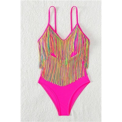 Rose Red Colorful Tassel Hollow-out Spaghetti Strap One Piece Swimsuit