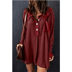 Red Waffle Knit Buttoned Long Sleeve Top