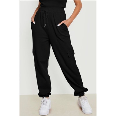 Black Waffle Texture Cargo Pocket Jogger Pants