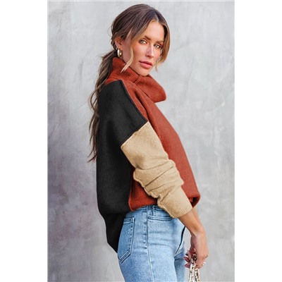 Clay Red Color Block Turtle Neck Drop Shoulder Knit Sweater