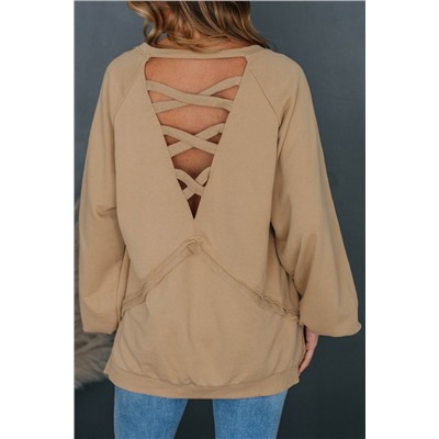 Light French Beige Solid Color Lattice Hollow Out Back Sweatshirt