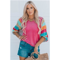 Rose Stripe Color Block Bubble Sleeve Top