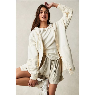 Beige Contrast Knit Patchwork Hooded Functional Coat