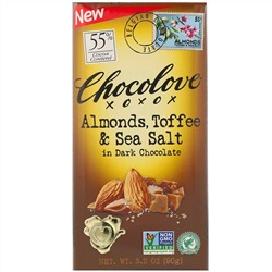 Chocolove, черный шоколад с миндалем, тоффи и морской солью, 55% какао, 90 г (3,2 унции)