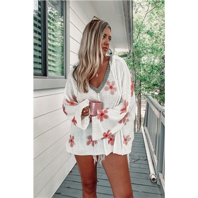 White Floral Print Lightweight Knit Hooded Sweater