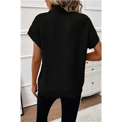 Black Turtleneck Textured Short Sleeve Sweater