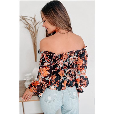 Black Off The Shoulder Smocked Floral Top