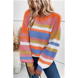 Multicolour Striped Knit Drop Shoulder Puff Sleeve Sweater