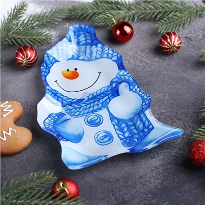 Блюдо стеклянное сервировочное Доляна «Снеговик в голубом», 22×15 см
