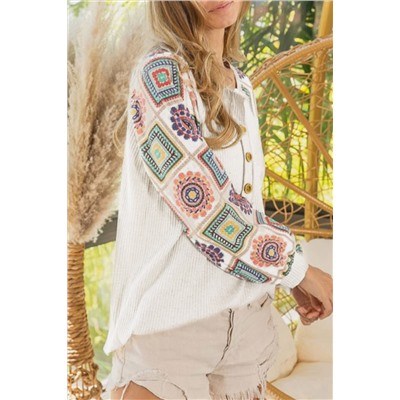 Multicolor Aztec Print Raglan Sleeve Henley Sweatshirt