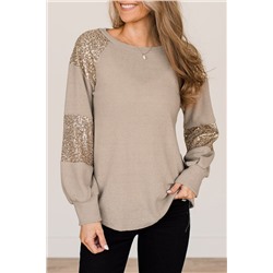 Light French Beige Sequin Patched Long Sleeve Top