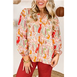 Orange Printed Split V Neck Puff Sleeve Blouse