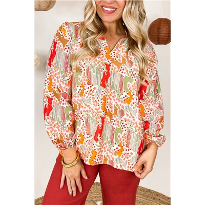 Orange Printed Split V Neck Puff Sleeve Blouse