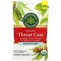 Traditional Medicinals, Organic Throat Coat Drops, Eucalyptus Mint, 16 Menthol Cough Drops