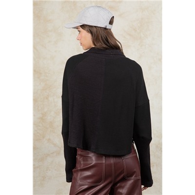 Black Ribbed Knit Snap Button Long Sleeve Top