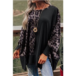 Black Leopard Patchwork Bishop Sleeve Slit Sweatshirt