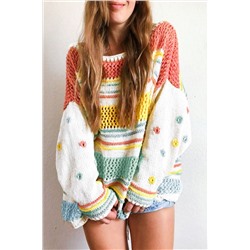 Multicolor Hollow Striped Knit Contrast Sleeve Sweater