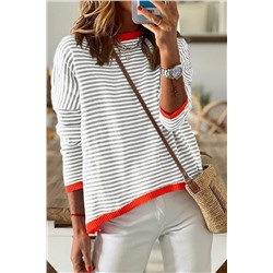 Gray Contrast Trimmed Striped Drop Shoulder Sweater