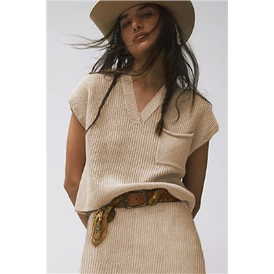 Apricot Chest Pocket V Neck Ribbed Cap Sleeve Sweater