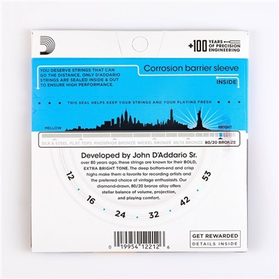 Струны для акустической гитары Light 12-53 D`Addario EJ11 BRONZE 80/20, бронза