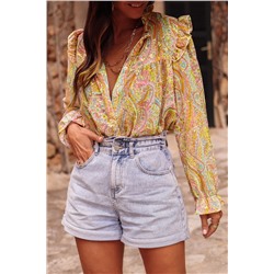 Yellow Paisley Print Ruffled Trim Boho Shirt