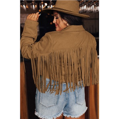 Camel Fringe Plus Size Cropped Jacket