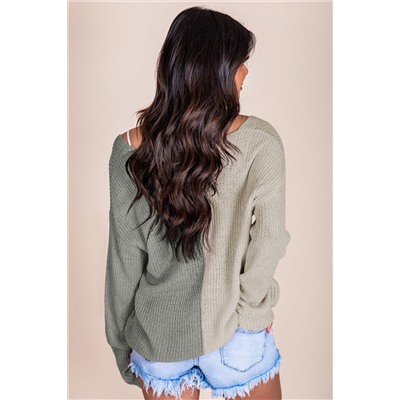 Gray Long Sleeve V-Neck Colorblock Sweater