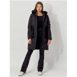 Пальто утепленное с капюшоном зимнее женское  черного цвета 442197Ch