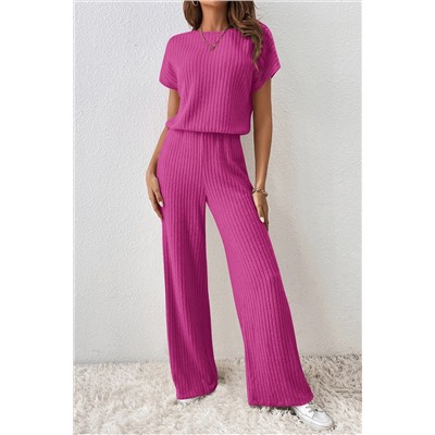 Rose Red Solid Color Ribbed Short Sleeve Wide Leg Jumpsuit