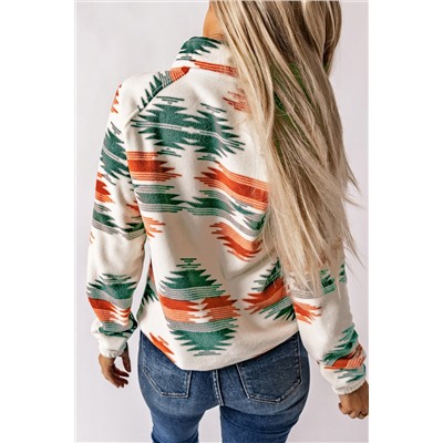 Multicolour Western Aztec Snap Buttoned Fleece Jacket