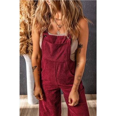 Fiery Red Solid Color Corduroy Wide Leg Bib Overalls