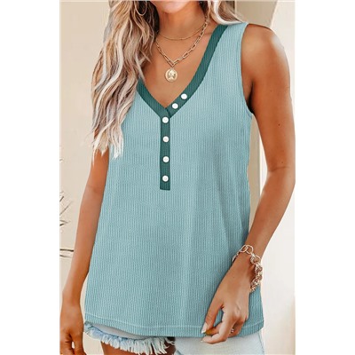 Mint Green Buttoned Contrast V Neck Textured Tank Top