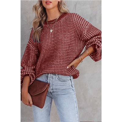 Red Heathered Knit Drop Shoulder Puff Sleeve Sweater