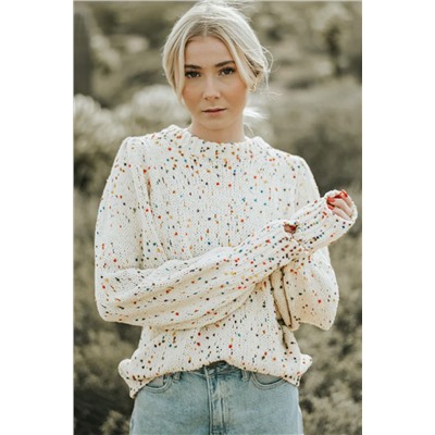 Beige Colorful Dots Cable Knit Crew Neck Sweater