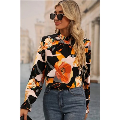 Black Floral Print Mock Neck Blouse