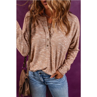 Chestnut Rib Knit Drop Shoulder Long Sleeve Henley Top