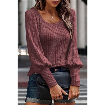 Mineral Fiery Red Ribbed Bishop Sleeve Round Neck Top