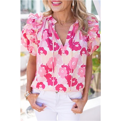 Pink Split Neck Ruffled Puff Sleeves Floral Top