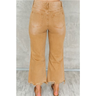 Brown Distressed Hollow-out High Waist Cropped Flare Jeans