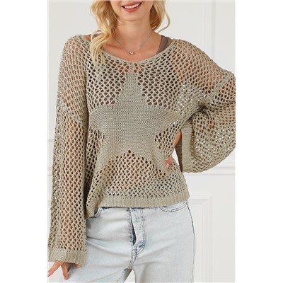 Light French Beige Star Pointelle Knit Baggy Sweater