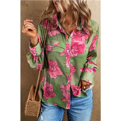 Green Floral Print Pleated Detail Puff Sleeve Shirt