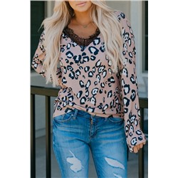 Leopard Print Lace Trim V Neck Top