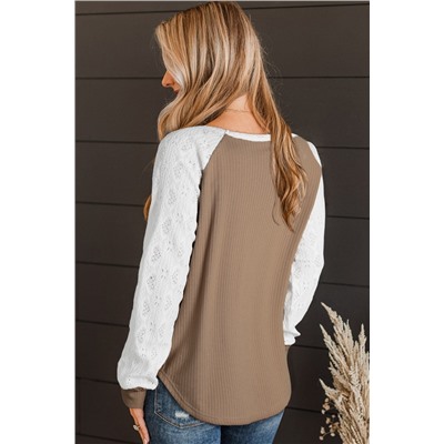 Light French Beige Lace Crochet Patch Long Sleeve Textured Top