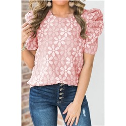 Pink Floral Lace Ruched Bubble Sleeve Top