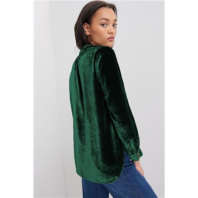 Blackish Green Frilled Neck Buttoned Front Velvet Top