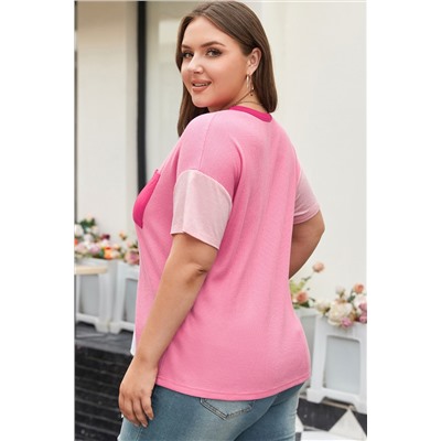 Peach Blossom Colorblock Patchwork Plus Size T-shirt