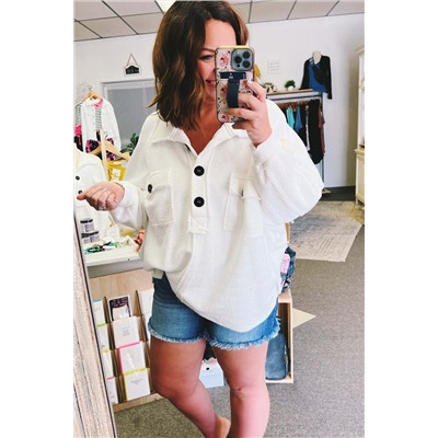 White Plus Size Long Sleeve Flap Pocket Henley Top