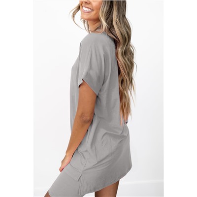 Gray Solid Split Hem Tunic Tee and Tight Shorts Set