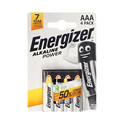 Батарейка алкалиновая Energizer Alkaline Power, AAA, LR03-4BL, 1.5В, блистер, 4 шт.