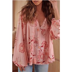 Multicolor Floral Tasseled V Neck Puff Sleeve Blouse